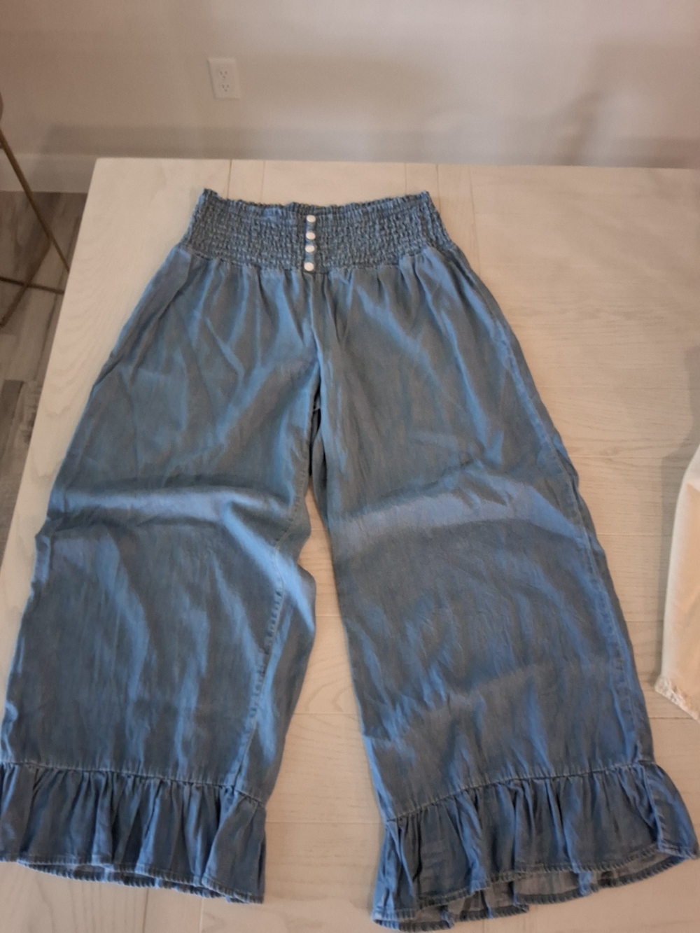 Cato Light Blue Smocked-Waist Ruffle Hem Wide-Leg Skirted Pants